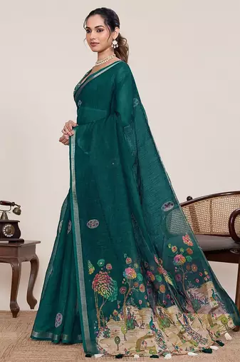 green linen printed saree with blouse
