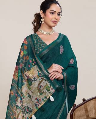 green linen printed saree with blouse 4