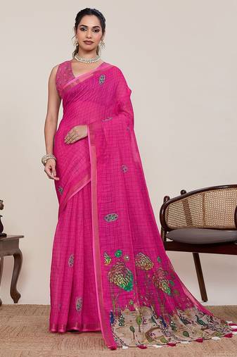 pink linen printed saree with blouse