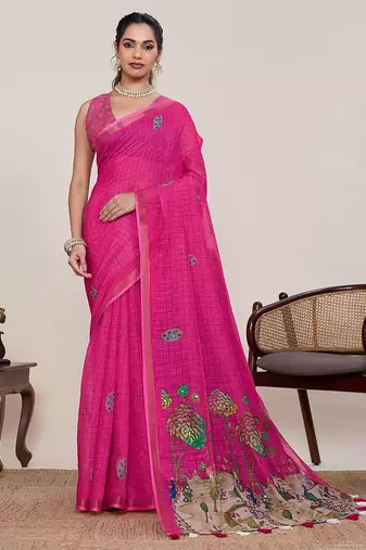 pink linen printed saree with blouse