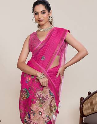pink linen printed saree with blouse 4