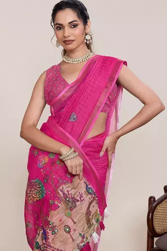 pink linen printed saree with blouse