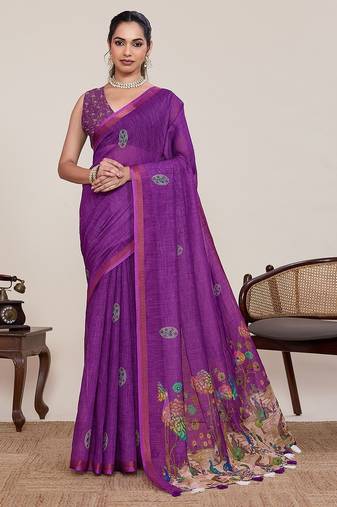 purple linen printed saree with blouse