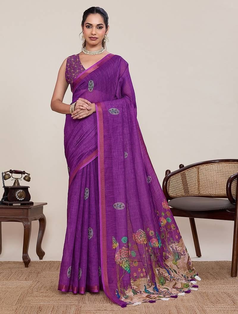 purple linen printed saree with blouse
