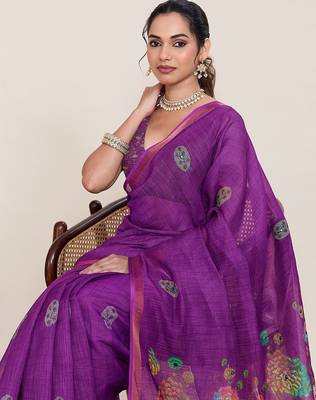 purple linen printed saree with blouse 4