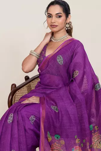 purple linen printed saree with blouse