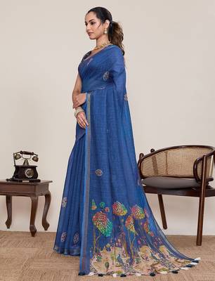 royal blue linen printed saree with blouse 2