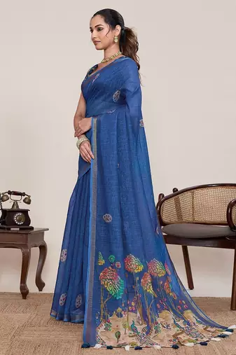 royal blue linen printed saree with blouse