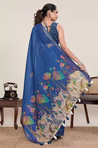 royal blue linen printed saree with blouse
