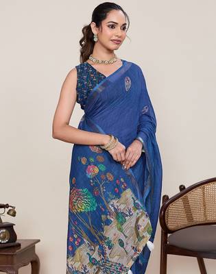 royal blue linen printed saree with blouse 4