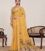 yellow linen printed saree with blouse