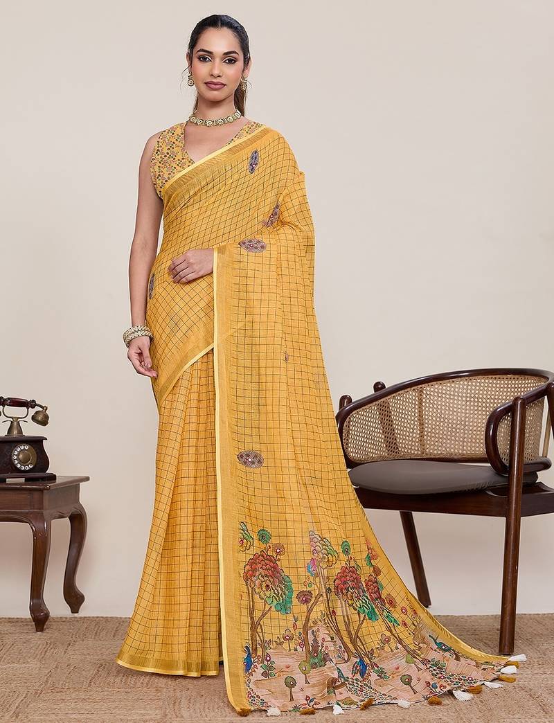 yellow linen printed saree with blouse
