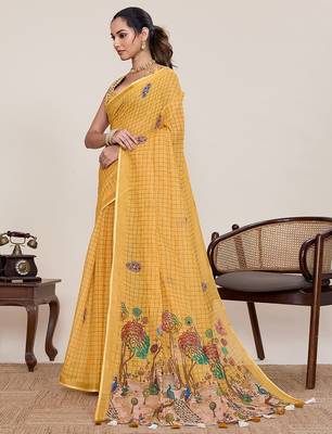 yellow linen printed saree with blouse 2