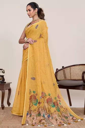 yellow linen printed saree with blouse