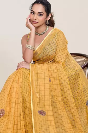 yellow linen printed saree with blouse