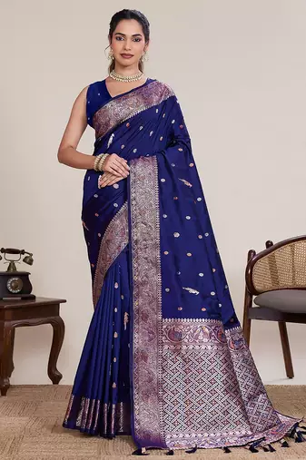 navy blue silk blend printed saree with blouse