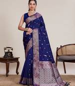 navy blue silk blend printed saree with blouse