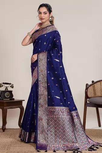 navy blue silk blend printed saree with blouse