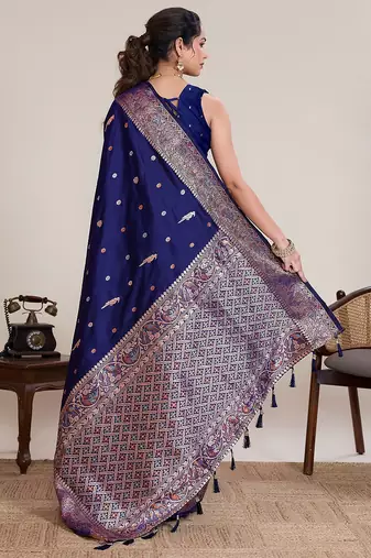 navy blue silk blend printed saree with blouse