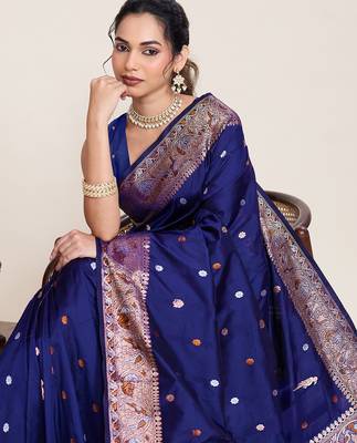 navy blue silk blend printed saree with blouse 4