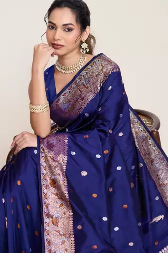 navy blue silk blend printed saree with blouse
