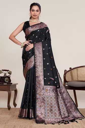 black silk blend printed saree with blouse