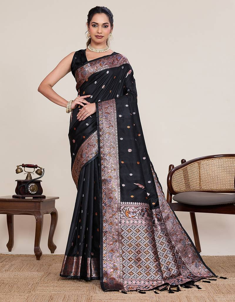black silk blend printed saree with blouse