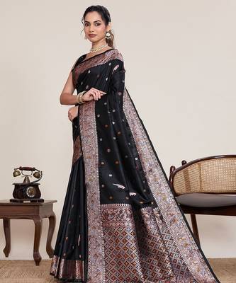 black silk blend printed saree with blouse 2