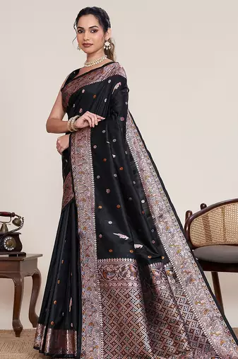 black silk blend printed saree with blouse