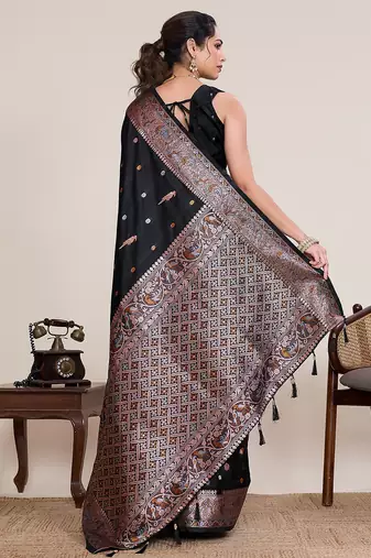 black silk blend printed saree with blouse