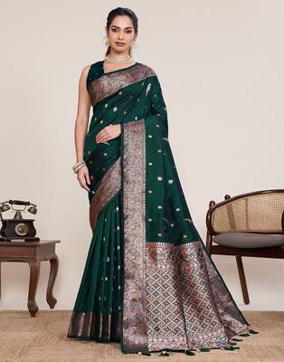 green silk blend printed saree with blouse 1