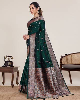 green silk blend printed saree with blouse 2