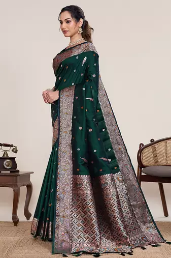 green silk blend printed saree with blouse