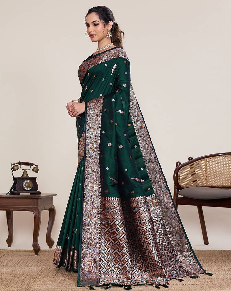 green silk blend printed saree with blouse