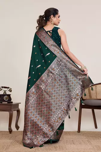 green silk blend printed saree with blouse