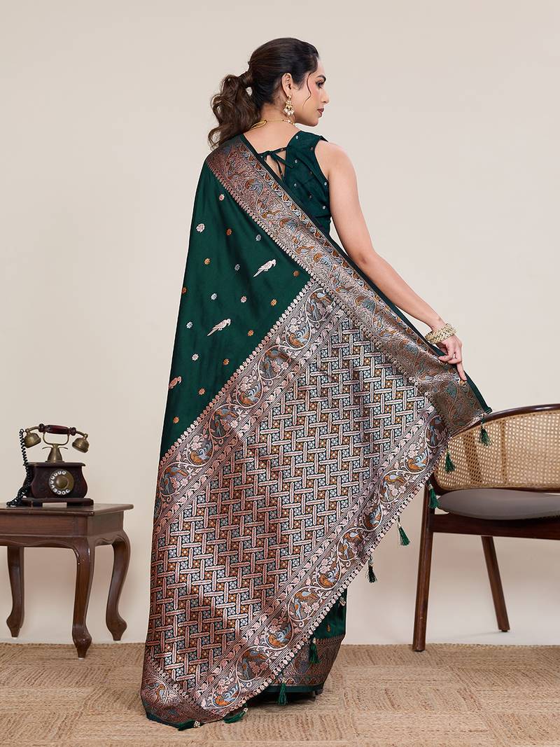 green silk blend printed saree with blouse