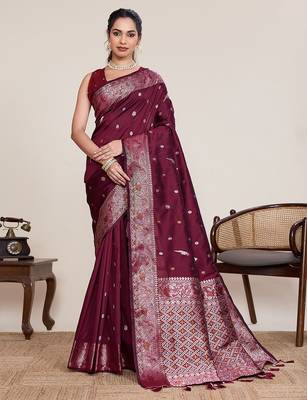 maroon silk blend printed saree with blouse 1