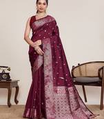 maroon silk blend printed saree with blouse