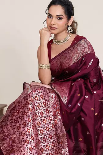 maroon silk blend printed saree with blouse