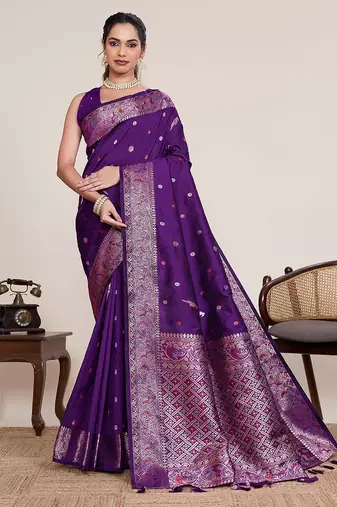 purple silk blend printed saree with blouse