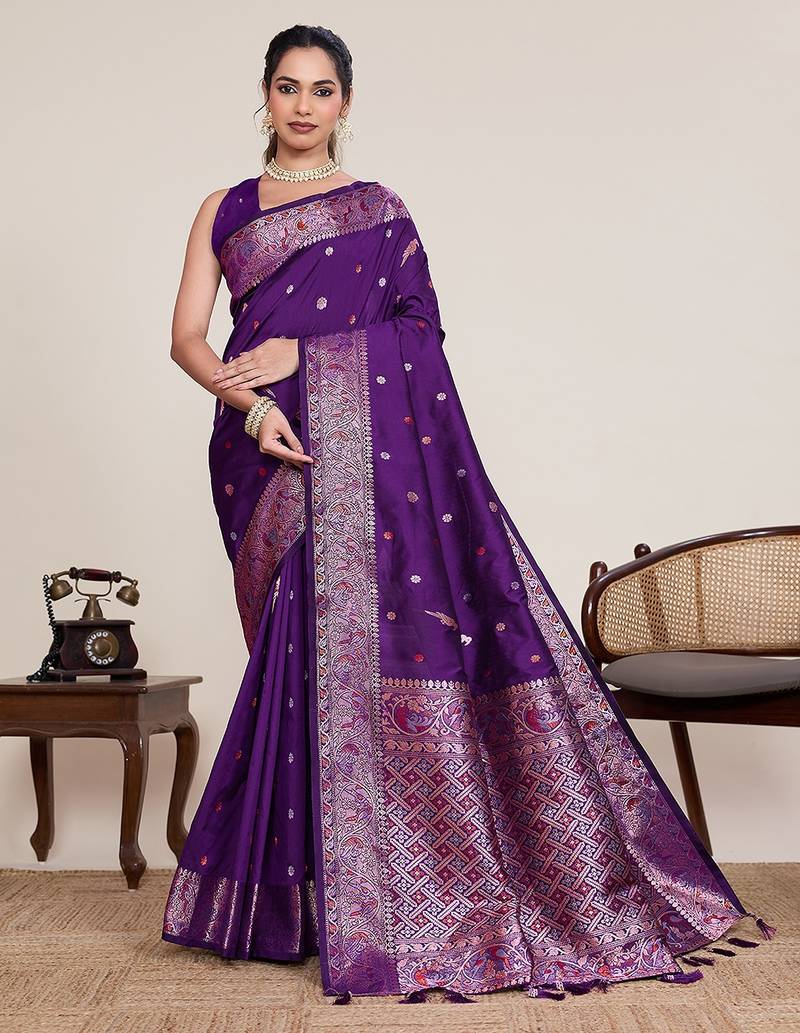 purple silk blend printed saree with blouse