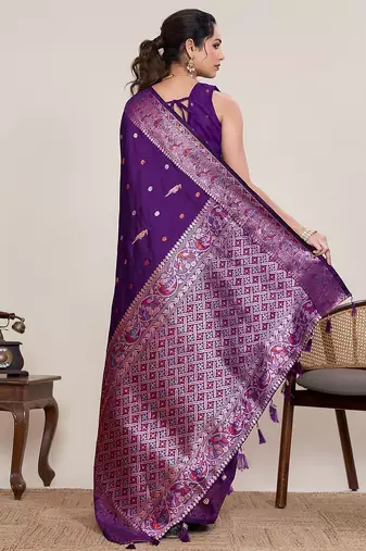 purple silk blend printed saree with blouse