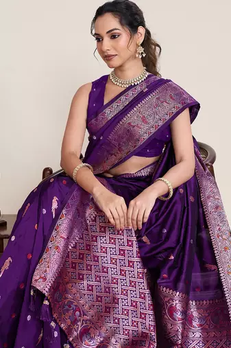 purple silk blend printed saree with blouse