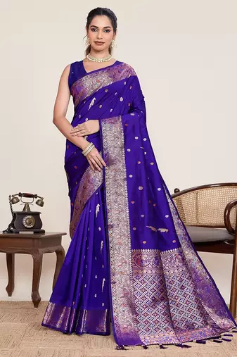 royal blue silk blend printed saree with blouse