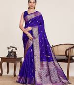 royal blue silk blend printed saree with blouse