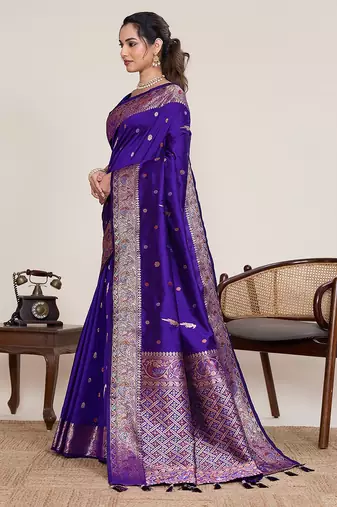 royal blue silk blend printed saree with blouse