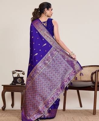 royal blue silk blend printed saree with blouse 3