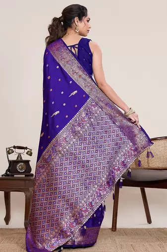 royal blue silk blend printed saree with blouse