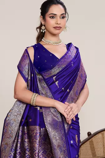 royal blue silk blend printed saree with blouse