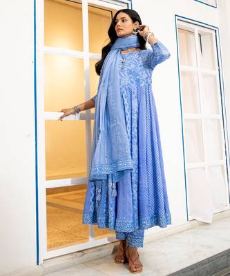 Blue anarkali embroidered pure cotton kurta set with dupatta 1